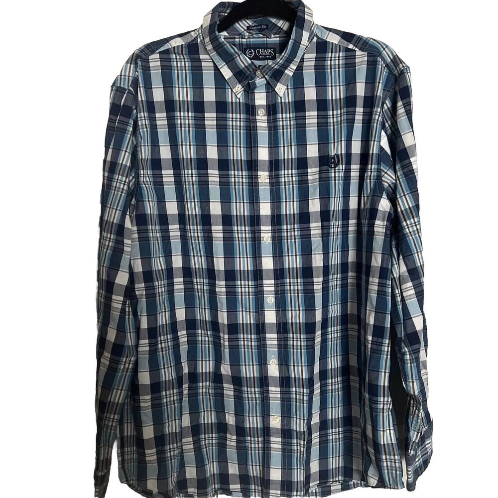 Chaps Shirt Mens Long Sleeve Plaid Button Down Up Blue White Size XL